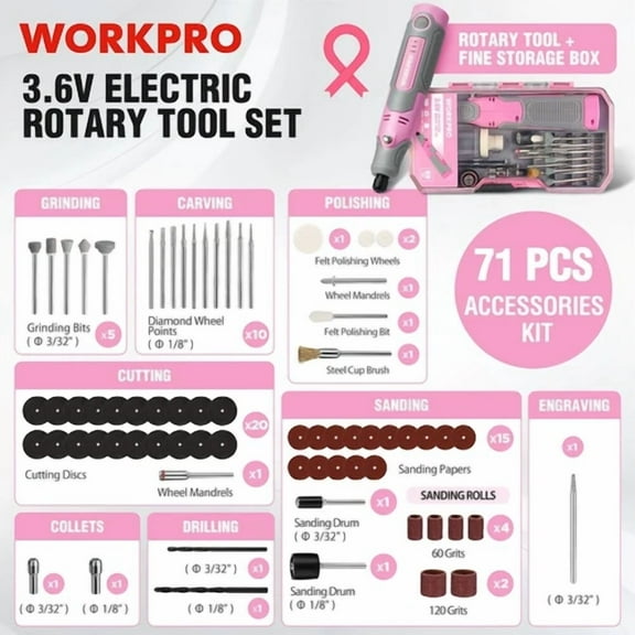 Amar Tool Cordless Rotary Tool Kit with 71pcs Accessories, 3 Variable Speeds Pink