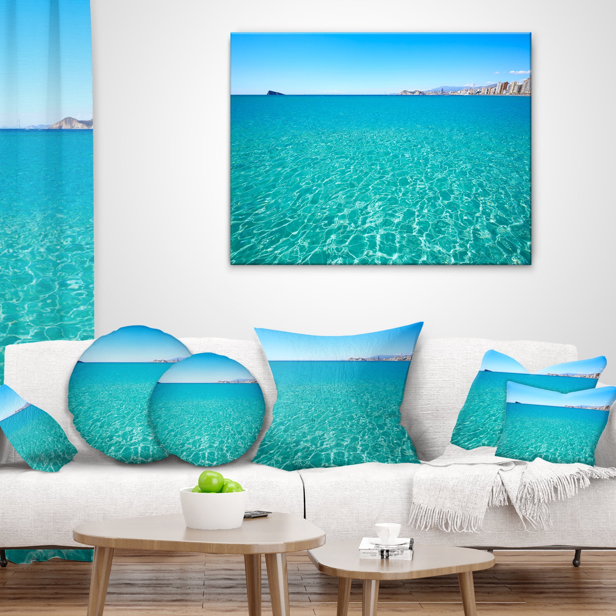 Designart Blue Benidorm Levante Beach - Seascape Throw Pillow - 18x18