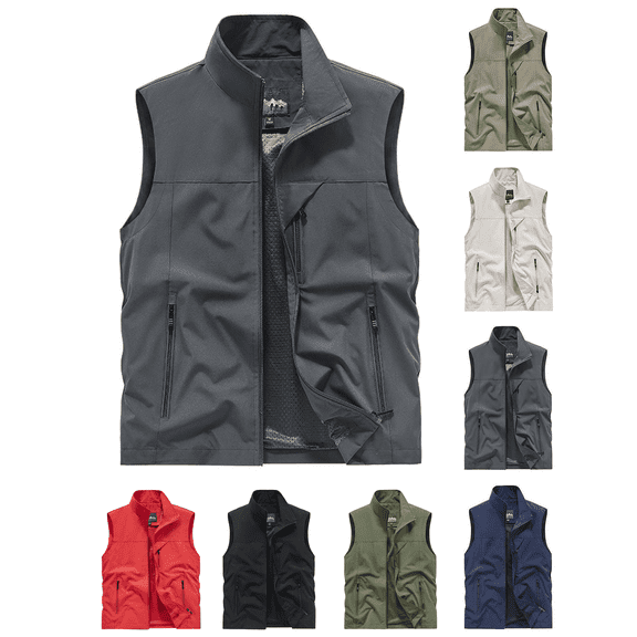 FEIIBMOYRIA Men Lightweight Vests Men's Stand Collar Full Zipper Solid Sleeveless Casual Outdoor Sports Jackets with Multi Pockets