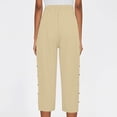 thumbnail image 5 of Women's Striped Linen Capri Pants Elastic Drawstring Waist Side Buttons Wide Leg Lightweight Summer Cropped Trousers With Pockets Camel M, 5 of 5