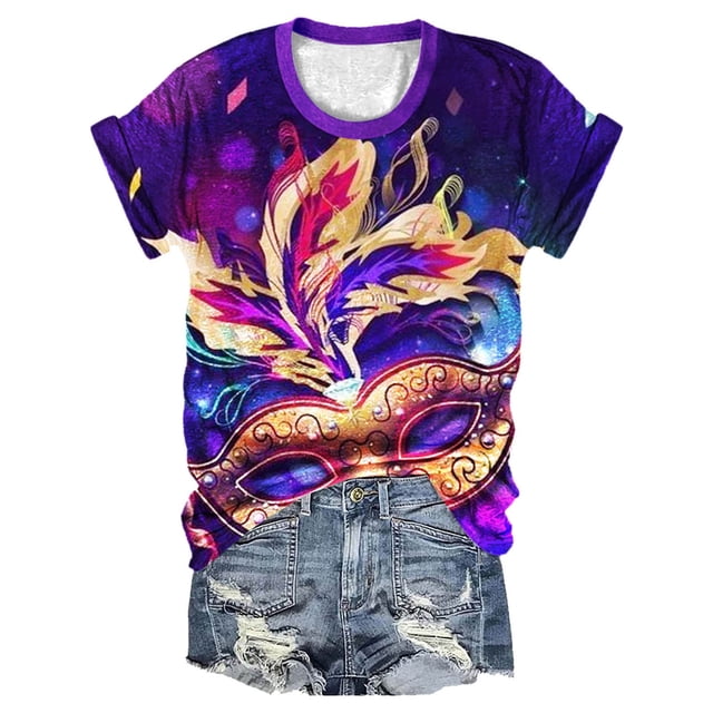 Outfmvch Chemises Mardi Gras pour Femmes, T-Shirts Graphiques, T-Shirts de Carnaval, T-Shirt Graphique, Vêtements Mardi Gras, T-Shirt à Col Rond Rouge pour Femmes et Hommes, Impression Simple Europe et États-Unis