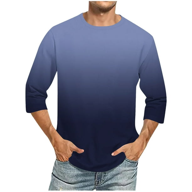 Camisas de Lino para Hombres Impresión Cuello Redondo Casual 3/4 Manga Blusa, Mezcla de Lino de Algodón para Primavera Verano Ocio Y Tops Diarios