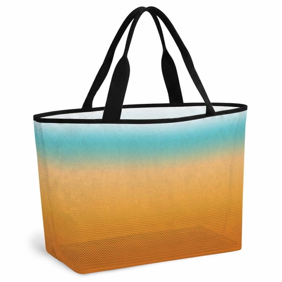 Teal Orange Ombre Beach Bag for Women, Large Breathable Mesh Beach Tote Bag, Modern Geometric Striped Abstract Art Sandproof Lightweight Travel Bags for Vacation Picnic Swimming Pool 15.7"x15.7"x9.1"