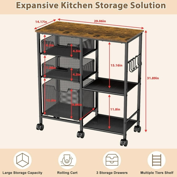 Kitchen Cart with Storage Shelf - Kitchen Organizer and Storage Cart, 3-Tier Microwave Cart with Storage Drawers, Wooden Top Metal Wire Utility Cart with Lockable Wheels for Kitchen