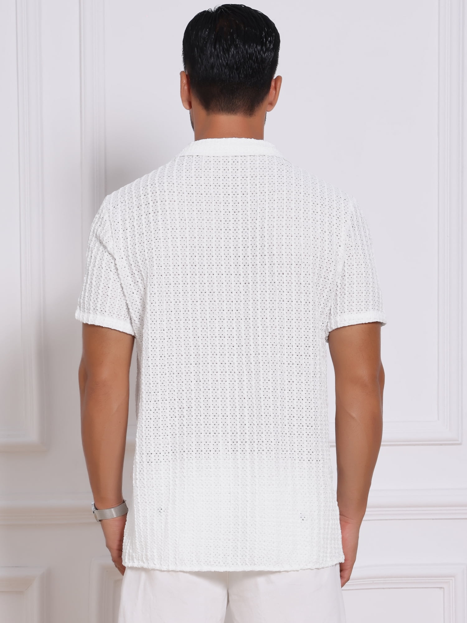 DARING DIVA Men's Casual Knitted Hollow Out Short Sleeve Shirt M White