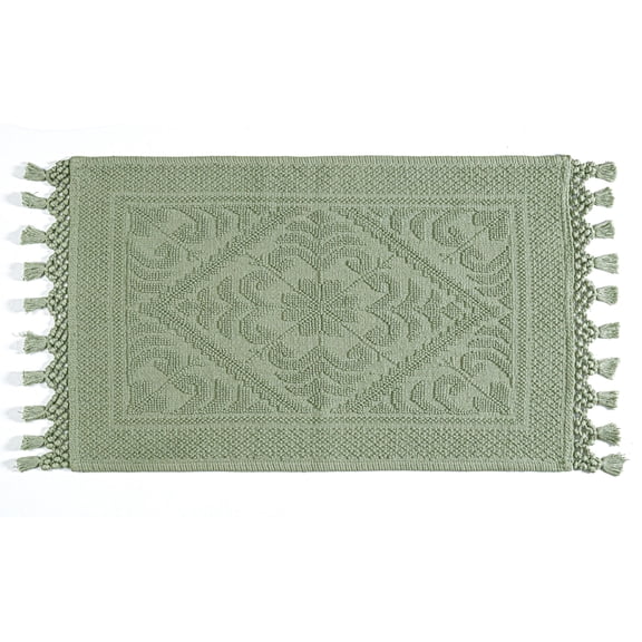 Savi Home Cotton Woven Jacquard Bathroom Rug Set of 2, Woven Fringe Bathroom Mats, 100% Cotton, Non - Slip Bath Mat, Durable Thick Bath Mat 17”x30”+ 20"x38" with Fringes, Sage Green