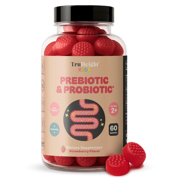 TruHeight Kids Prebiotic & Probiotic Gummies Ages 2  (Strawberry Flavor) Toddlers & Kids All Natural Supplement for Digestive Health, Gut & Constipation Relief - Endorsed by Pediatricians Vitamins