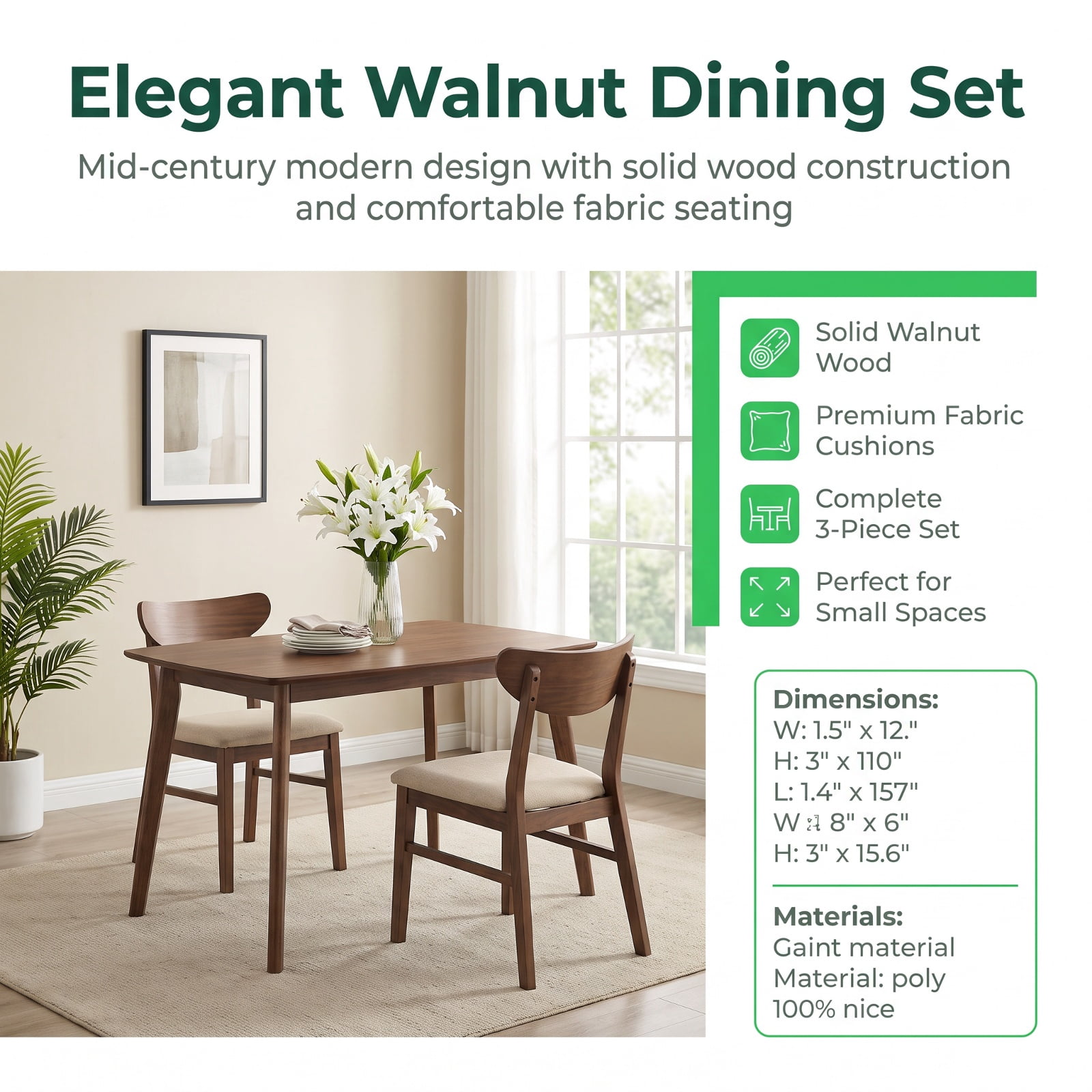 Furnibear Modern Dining Chairs Set of 2 with Solid Rubber Wood Legs for Kitchen Dining Room Living Room Home, Brown