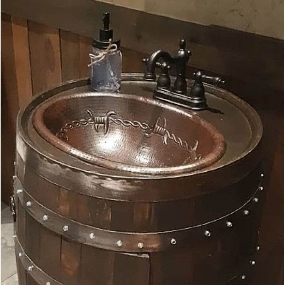 SimplyCopper 16" Oval Copper Bathroom Sink Drop In with Barbed Wire Design - 16" X 12" X 4.5"