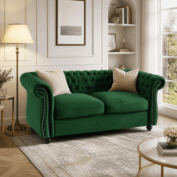 Emerald Velvet 2-Seat Loveseat Sofa, Chesterfield Style with Button Tufting, Nailhead Trim and Rolled Arms