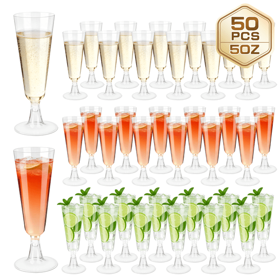 Plastic Champagne Flutes, Qissep 50 Pack 5 oz Clear Disposable Champagne Glasses for Wedding Celebration Birthday Party Wine Tasting New Years Eve Party Supplies