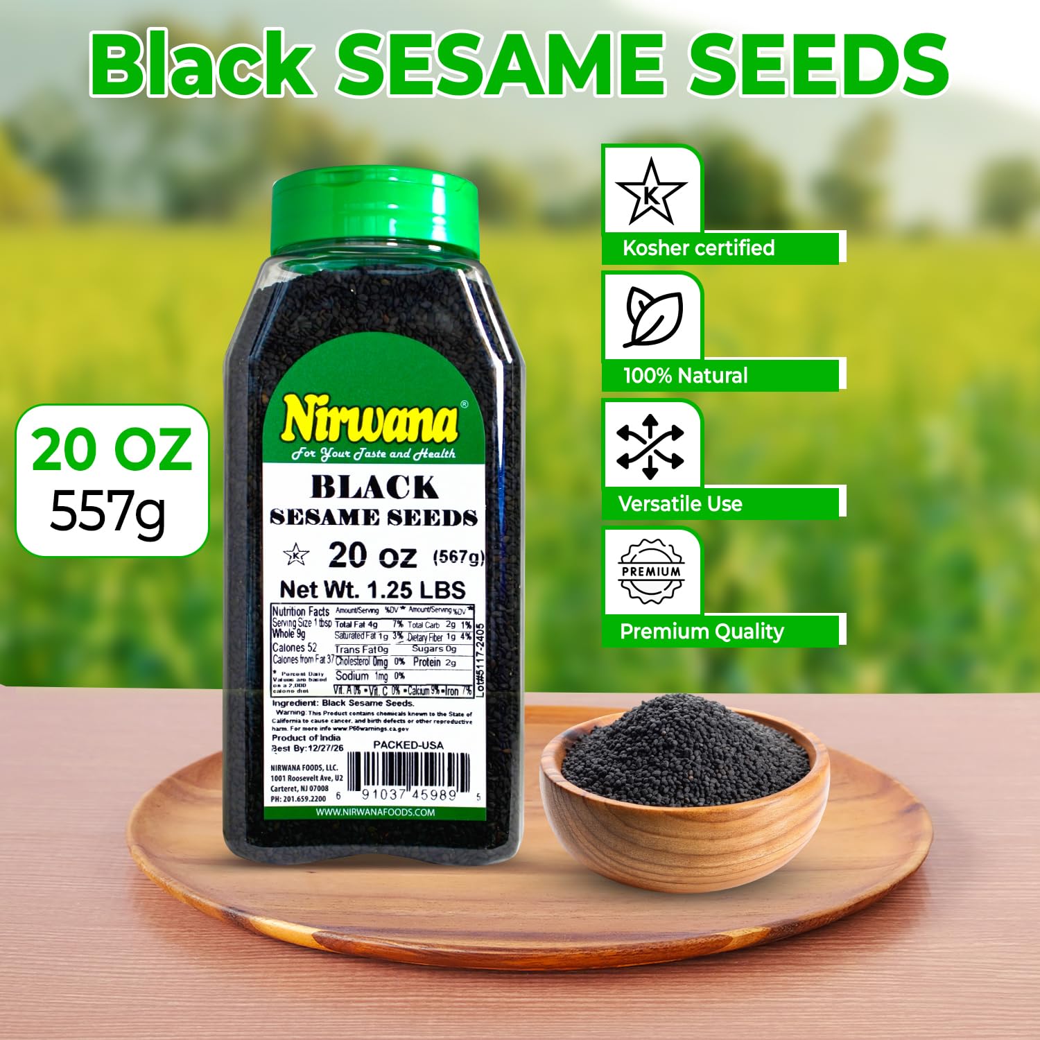Black Sesame Seeds Naturally Grown, Rich Flavor for Cooking, Baking, and Garnishing Perfect for Sushi, Stir Fry, Salad Toppings, and Everything Bagel Seasoning 20 oz Jar by Nirwana