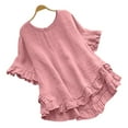 thumbnail image 3 of TUGOXIE Basic Summer Shirts for Women 2024 Pink Short Sleeve Ruffle Crew Neck Loose Fit Women Summer Tops XL, 3 of 4