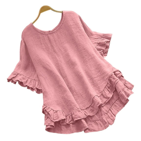 Ecqkame Womens Tops Summer Solid Color Casual Loose 3/4 Sleeve Ruffled Round-Neck Blouse Workout Tops for Women Pink L