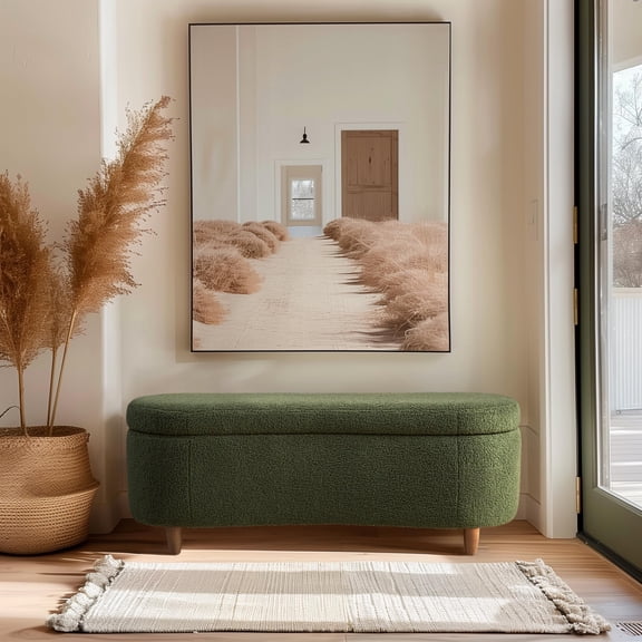 Green Boucle Upholstered Curved Storage Bench with Wooden Legs