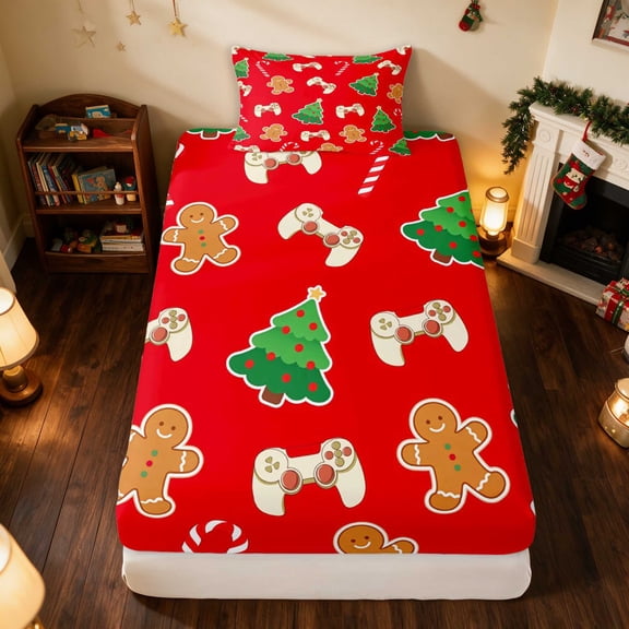 Manfei Gingerbread Twin Fitted Sheet Christmas Bedding, Orange Brown 2 Pieces 1 Fitted Sheet and 1 Pillowcase