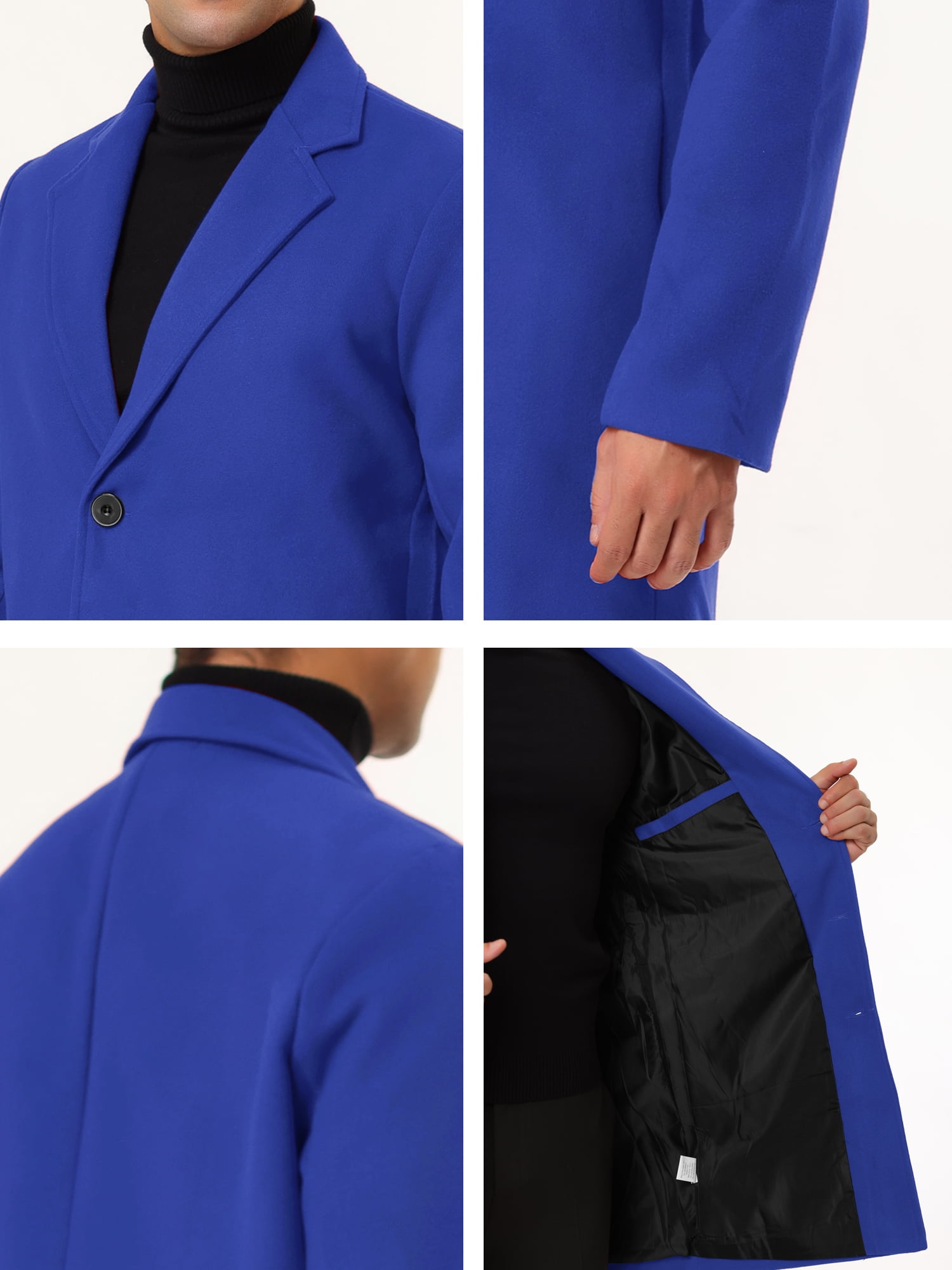 Unique Bargains Men's Slim Fit Notched Lapel Single Breasted Mid Length Overcoat M Blue
