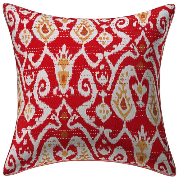 Stylo Culture Indian Decorative Throw Pillow Cover 16 x 16 Kantha Red Printed 40x40 cm Living Room Decor Cotton Ikat Square Cushion Cover | 1 Pc