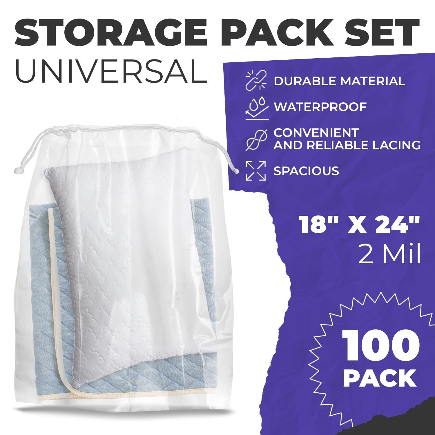Clear Drawstring Bags, 2 Mil Polyethylene Travel Bags, 100 Count, 18 x 24 in