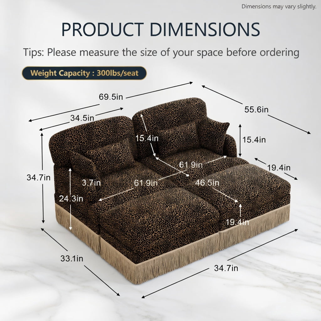 Hommoo Comfy Chenille Leopard Print Loveseat Sofa with Movable Ottomans, Tassel Trim & Ergonomic Deep Seat, Modern 2-Seat Modular Living Room Couch, Brown