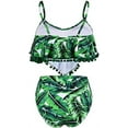 thumbnail image 2 of Women High Waisted Bikini Ruffle Swimsuit Flounce Pom Pom Trim Two Piece Bathing Suit Tassel Green Leaves (S, 2 of 7