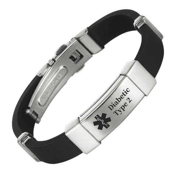 Magnetia 7.6'' Black Silicone Medical Alert Bracelets for Women Men, Health Magnetic ID Bracelets, Pre-Engraved Diabetic Type 2