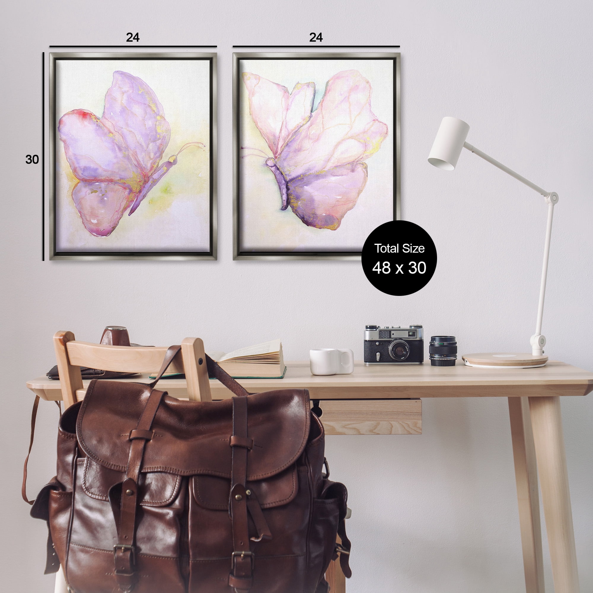 Stupell Industries Girls Glam Butterfly Wings Animals & Insects Painting Gray Floater Framed Canvas Art Print Wall Art, 25 x 31, Set of 2