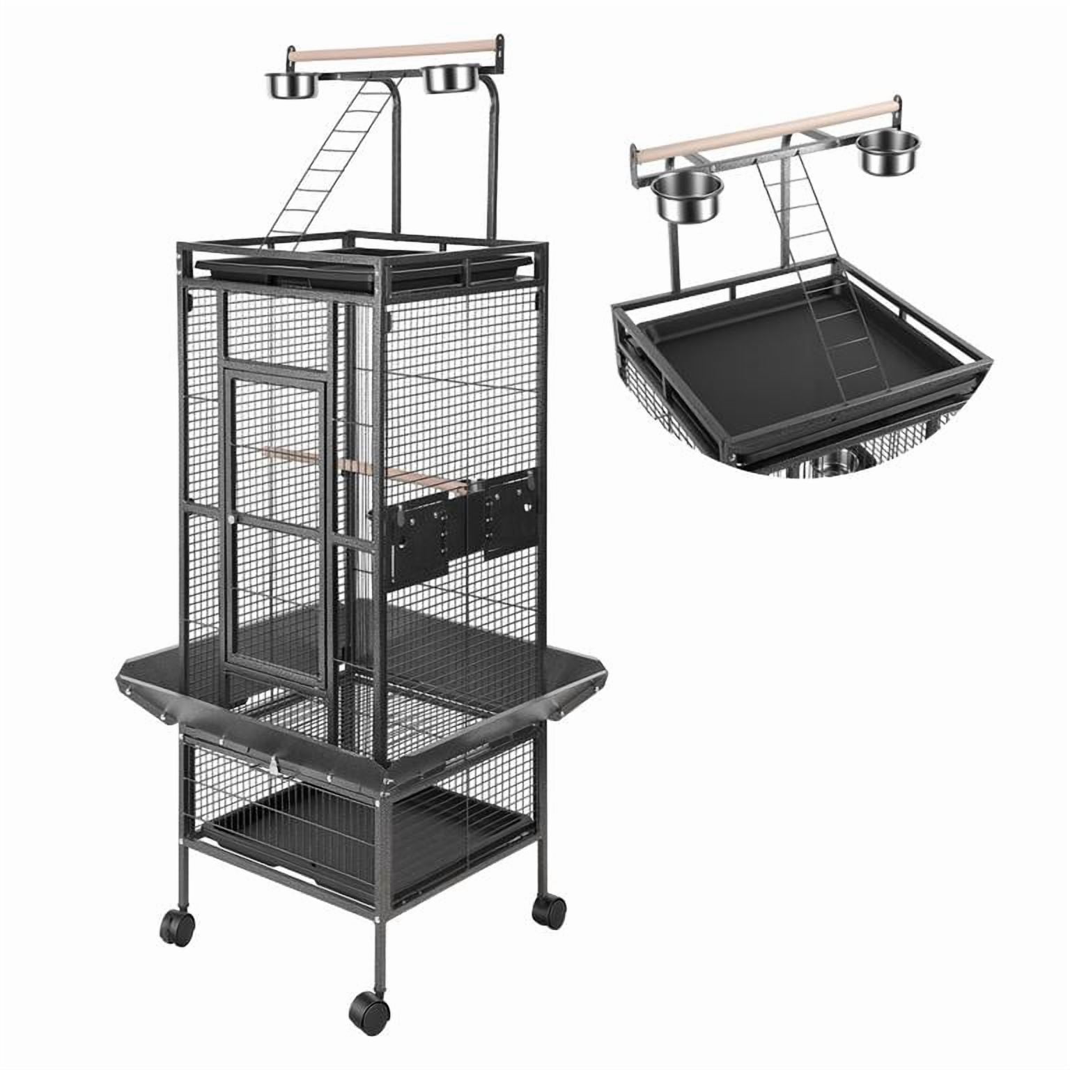 61 Inch Large Wrought Iron Bird Cage with Rolling Stand, Lockable Doors, Roof Perching Ladder for Parrot Cockatiel Conure
