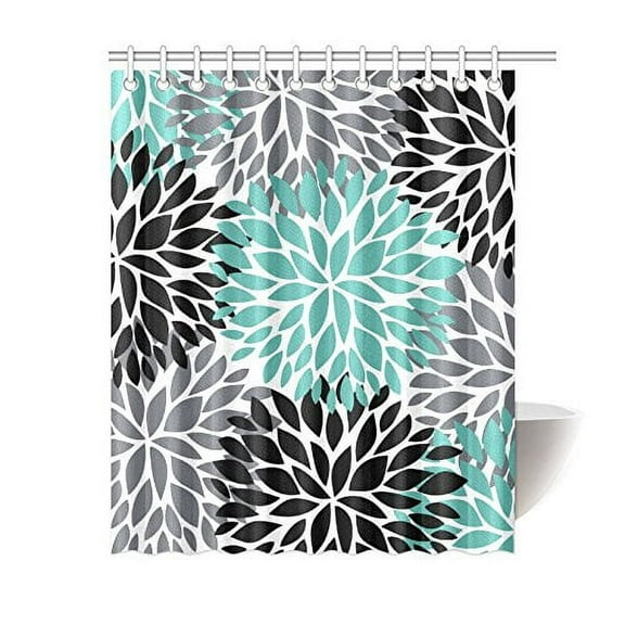 MKHERT Dahlia Pinnata Flower Teal Black Gray Waterproof Shower Curtain Decor Floral Fabric Bathroom Set 60x72 inch