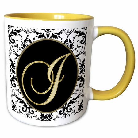 Yellow Gingham Hanging Letter - 3dRose Image of The Script Letter I in Black White and Gold - Two Tone Yellow Mug, 11-ounce