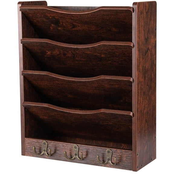 5-Tier Wall File Holder Hanging Mail Organizer Wood Magazine Literature Rack with 6 Hooks, Brown