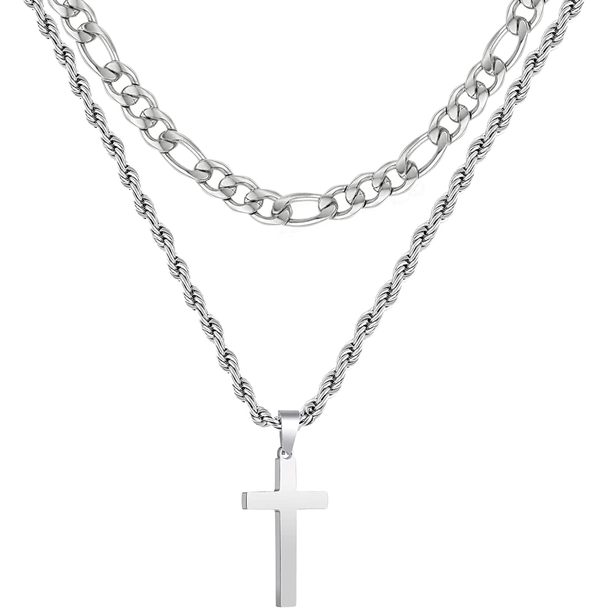 APSVO Layered Silver Cross Necklaces for Men Boys Stainless Steel Figaro Rope Pendant Chain Set Religious Christian Birthday First Communion Graduation Fathers Day Jewelry Gifts Teen Dad Him Kids