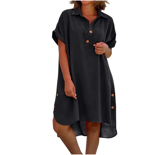 Staron Robes d'Été pour Femmes 2025 Tendance Manches Courtes Col en V Robe de Soleil Boutonnée Fendue sur le Côté Robe Courte de Printemps