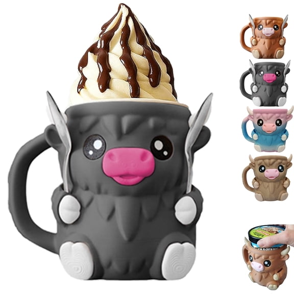 Highland Cow Ice Cream Pint Holder, Cute Animal Ice Cream Holder, Ice Cream Pint Sleeves Cover with Handle, Leak Proof Popsicle Cozy Beer Can Cup, Highland Cow Decor Gift, Black