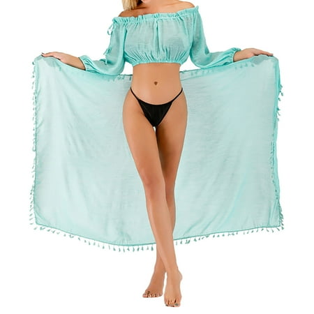 

sebtyili off shoulder long sleeve drawstring top and tassel beach apron knitted bikini smock