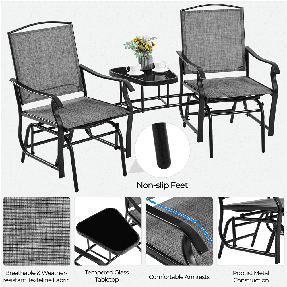 Alden Design 2-Person Texteline Patio Glider Chair W/ Table for Outdoor, Gray