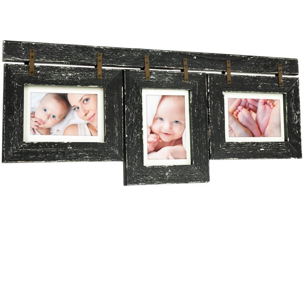 Rustic Wooden Distressed 5x7 Picture Frame Collage for 3 Photos (Black