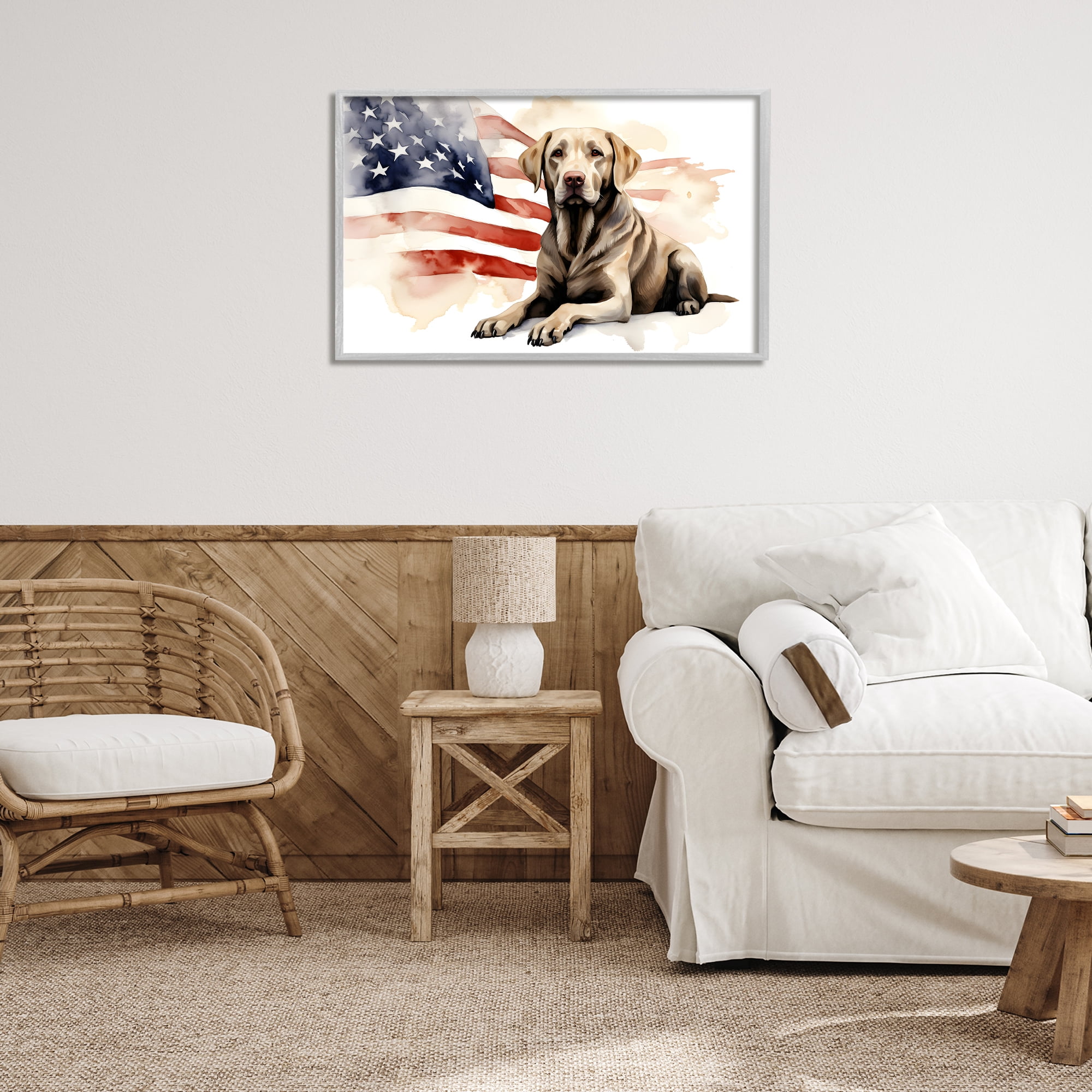 Stupell Industries Patriotic Dog with Flag Animals & Insects Painting Gray Framed Art Print Wall Art, 30 x 20