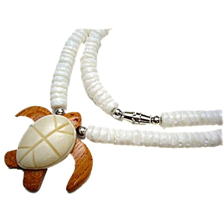Hawaiian Honu Turtle Pendant - HAWAIIAN HONU TURTLE CARVED BONE & WOOD PENDANT NECKLACE