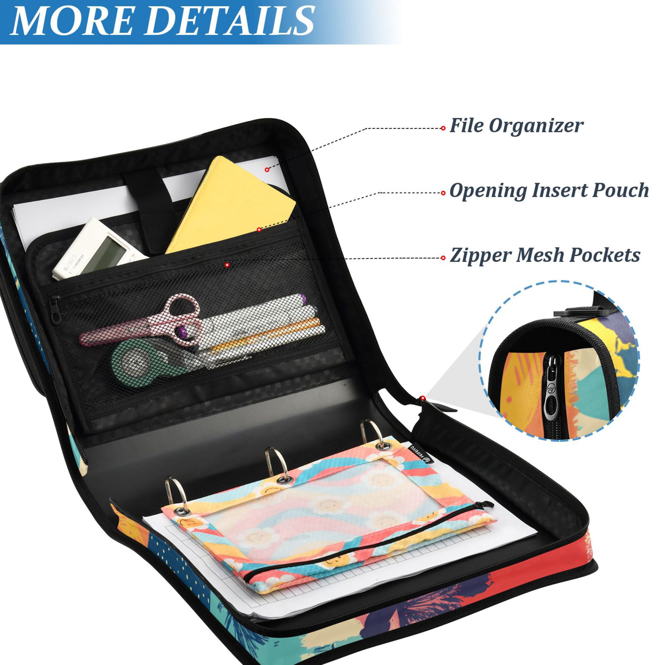 3 Ring Zipper Binder with Shoulder Strap Waterproof Trapper Keeper 2 Inch D-Ring 500 Sheets Capacity Colorful Block Doodle