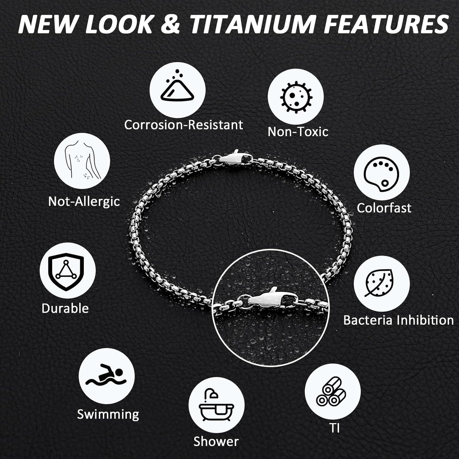 SanThree 3mm Pure Titanium Box Chain Bracelet for Men Women, Ultra Light NO Allergic Square Rolo Link Round Box Chain Bracelets Bracelets Jewelry Birthday Gifts for Father Grandpa Boyfriend, 7.87”