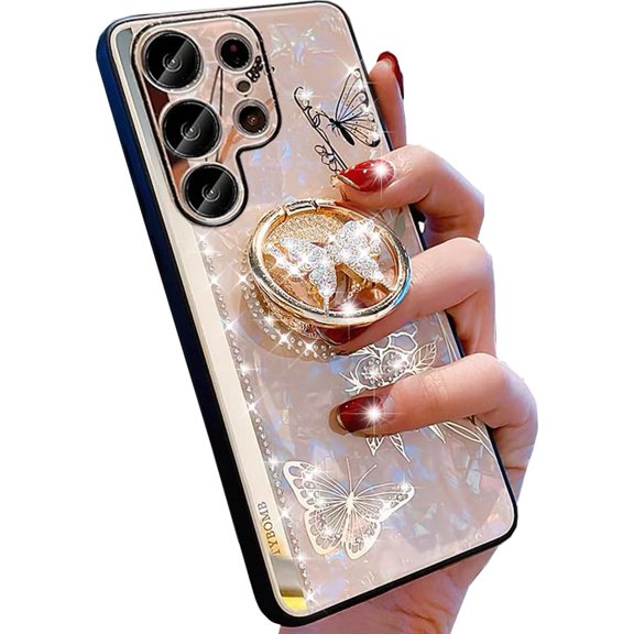 for Samsung Galaxy S25 Ultra Glitter Kickstand Case,Cute 3D Bling Marble Conch Floral Butterfly Ring Stand Mirror Elegant Shockproof Protective Case for Girls Women for Galaxy S25 Ultra, Gold