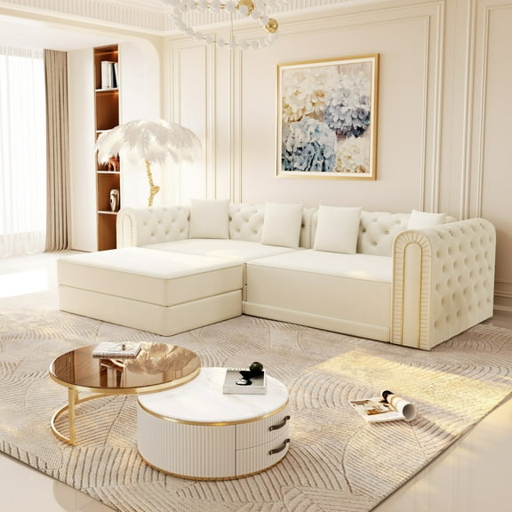 LLappuil Modular Sectional Sofa, Oversized Floor Sofa Convertible Sleeper Sofa Bed King Size, Velvet 3 Seater Sofa with Movable Ottoman for Living Room Beige