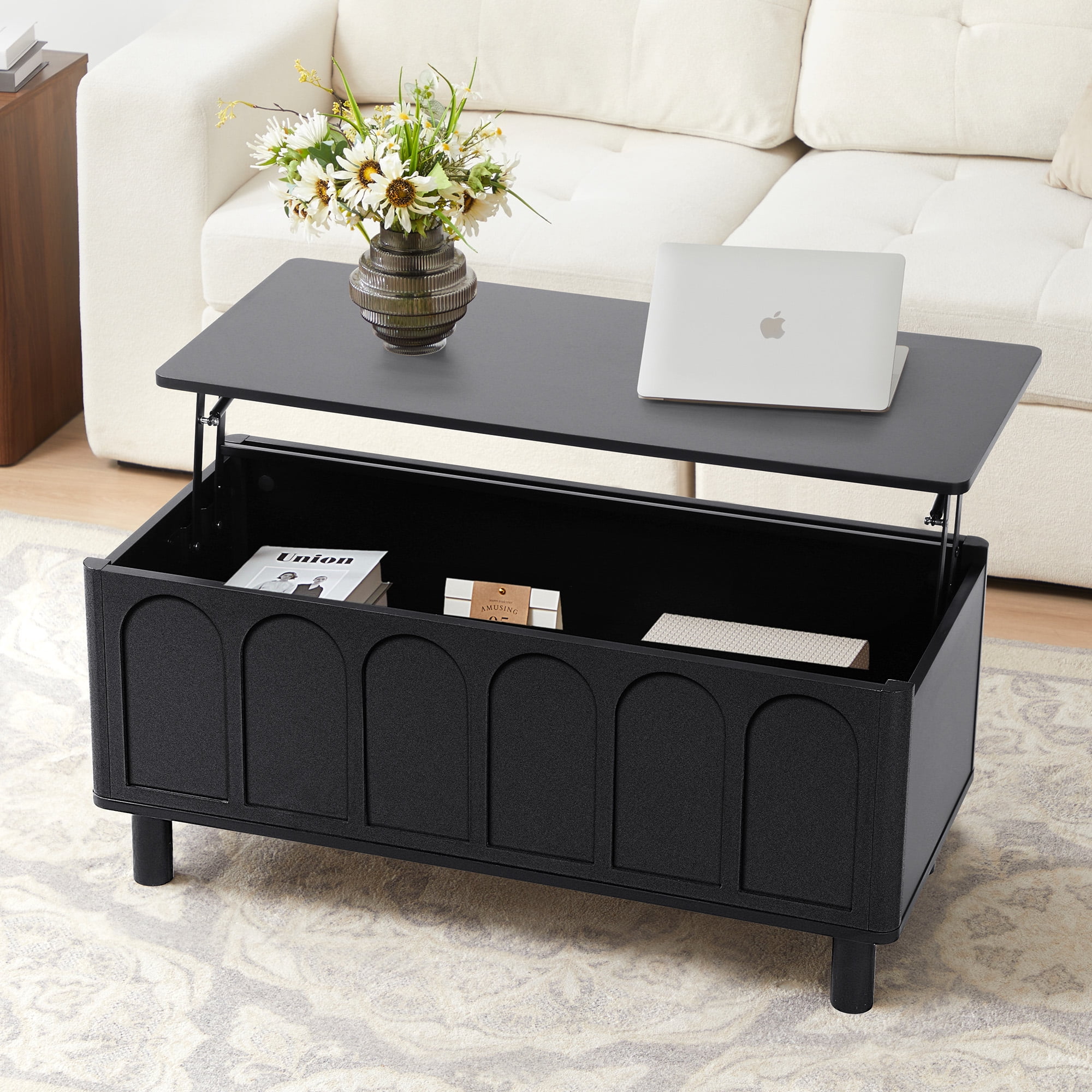 YOCWO Lift Top Coffee Table with Hidden Compartment & Storage Shelve, Arched Fluted Coffee Table for Living Room, Black