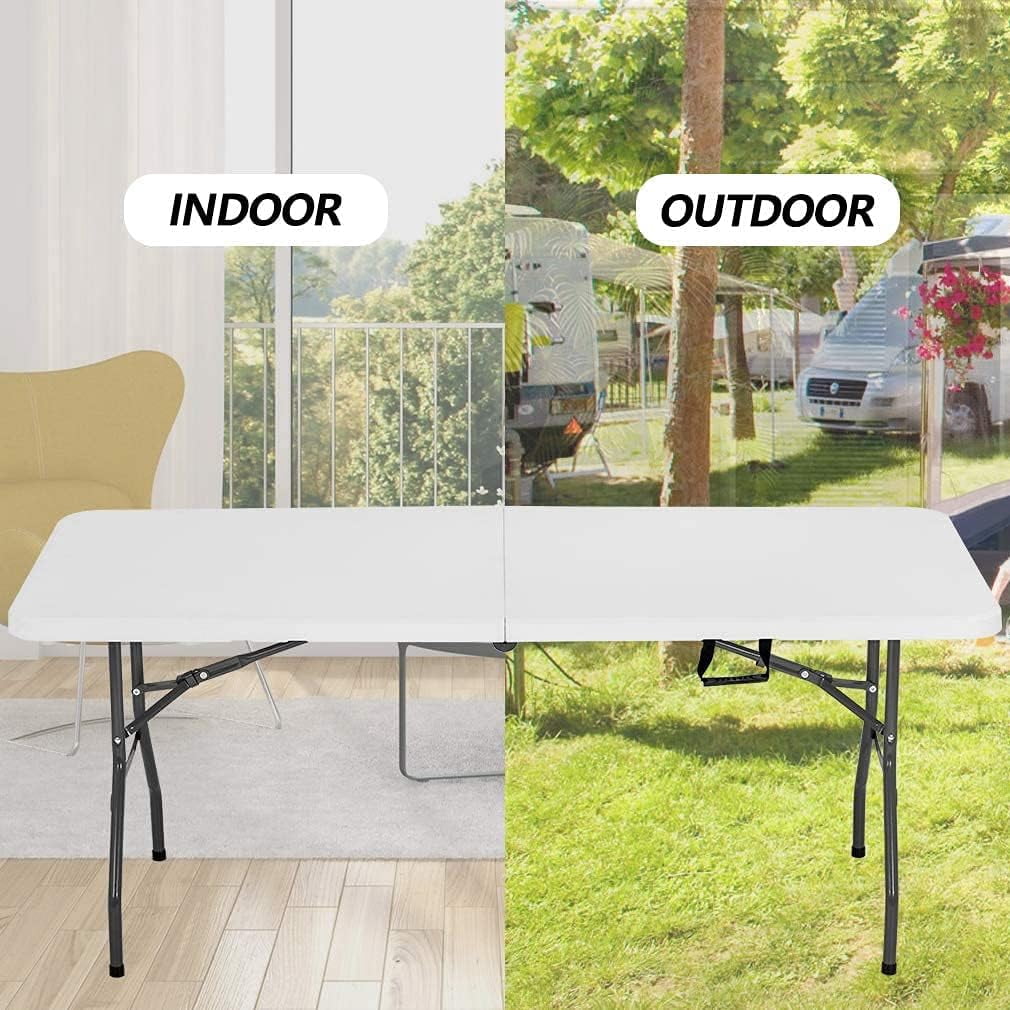 Folding Table 6 FT Plastic Foldable Table with Portable Carrying Handle for Party Picnic Camping BBQ Dining Kitchen, White