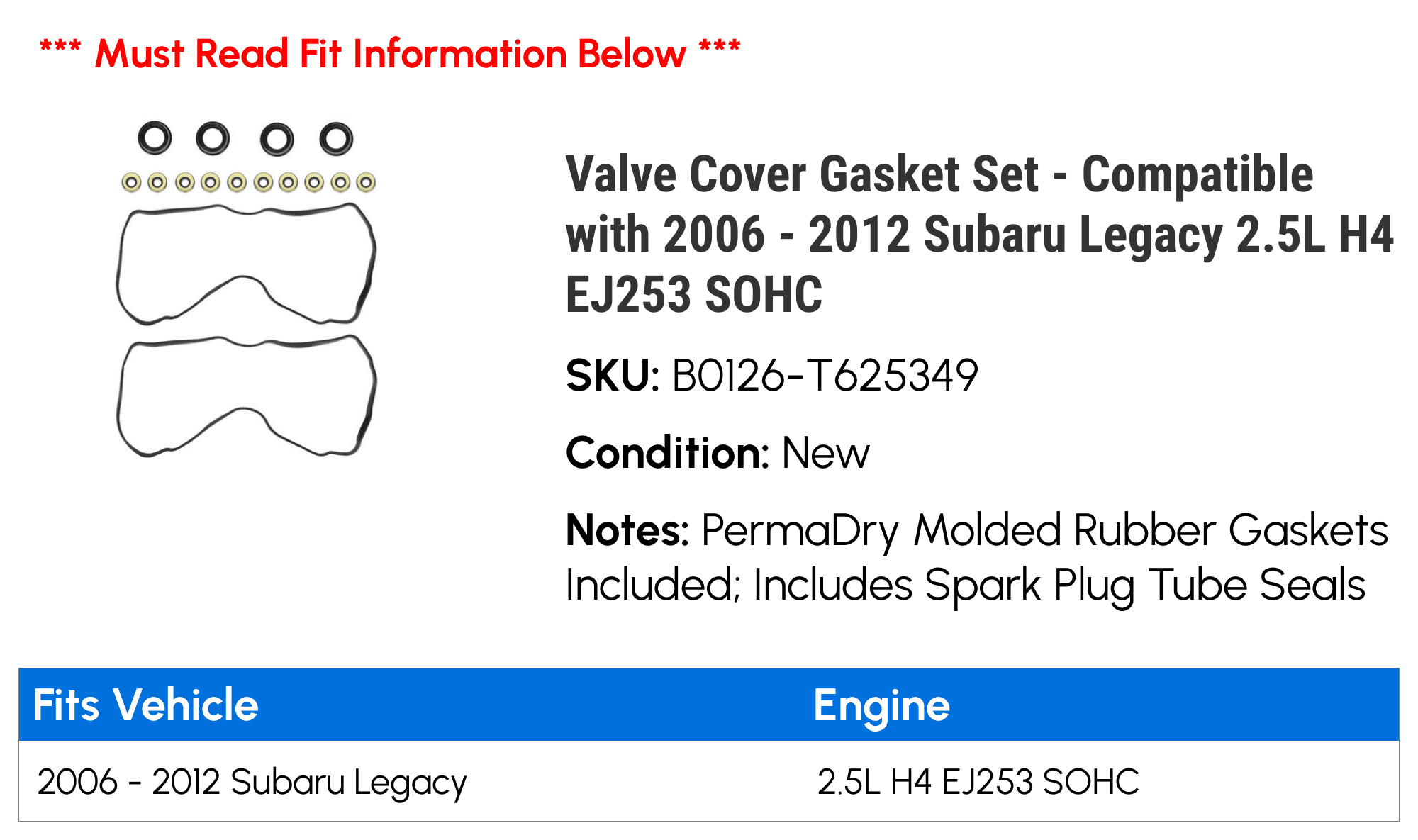 Valve Cover Gasket Set - Compatible with 2006 - 2012 Subaru Legacy 2.5L H4 EJ253 SOHC 2007 2008 2009 2010 2011