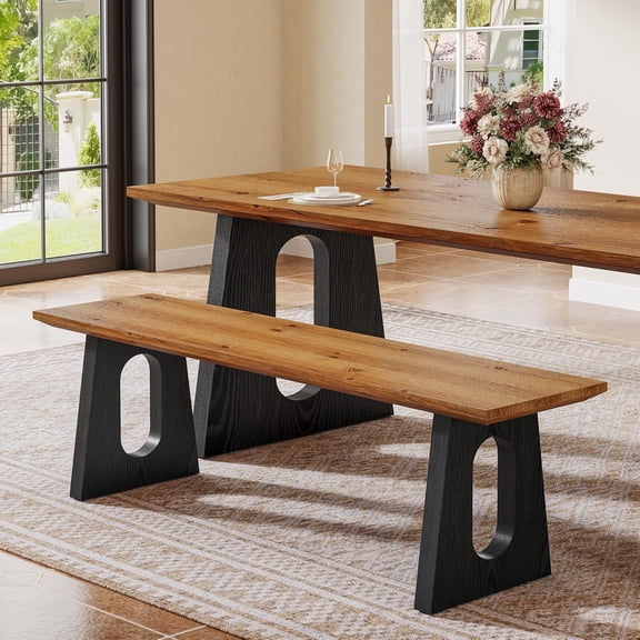 TRIBEWOOD 47" Farmhouse Wood Dining Bench,  Easy Assembly, Brown & Black