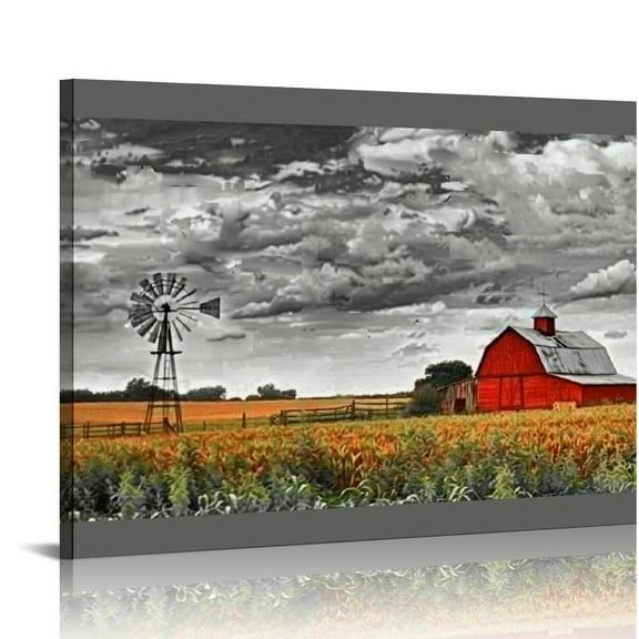 ARISTURING Canvas Wall Art for Bedroom Bathroom Black and White Farm Red Cabin Canvas Prints Decor Red Barn Field Picture Artwork for Home Walls 20x16in