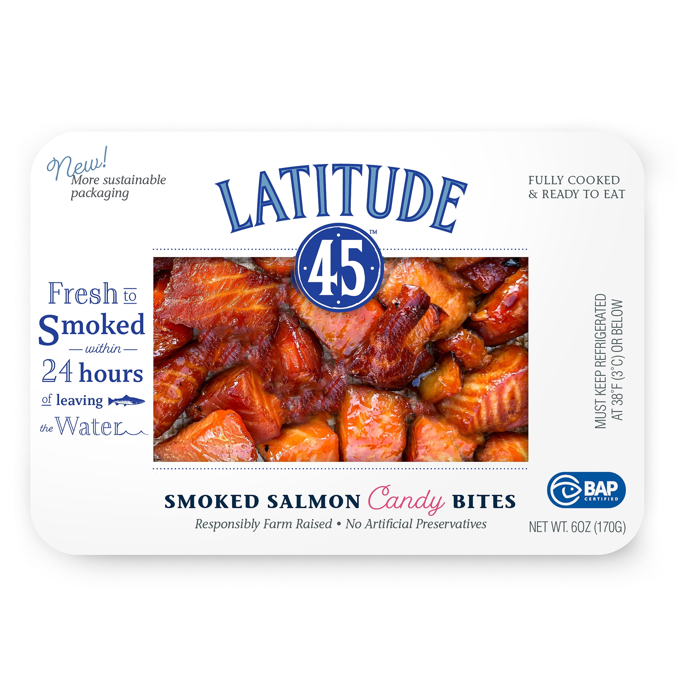 (2 pack) Latitude 45 Smoked Candy Salmon Bites, Ready to Eat Pack, 6oz serving size 2 ounces, 3 servings per container, 12g protein per serving.