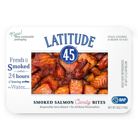 Latitude 45 Smoked Candy Salmon Bites, Ready to Eat Pack, 6oz serving size 2 ounces, 3 servings per container, 12g protein per serving.
